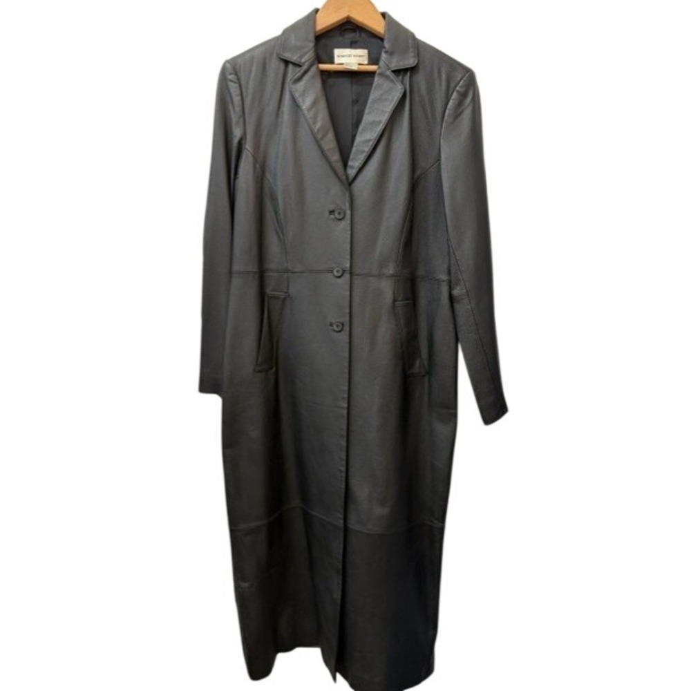 Newport News Black Leather Trench Coat Long Maxi Jacket Women Size M L5627